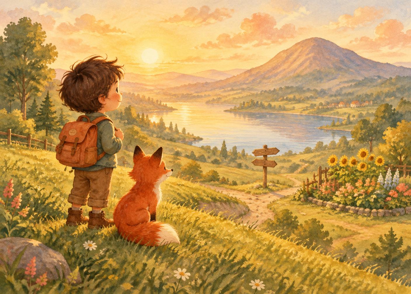 Milo Adventures — a child and a fox on a golden hill above a valley, lake, mountain, crossroads and sunshine garden